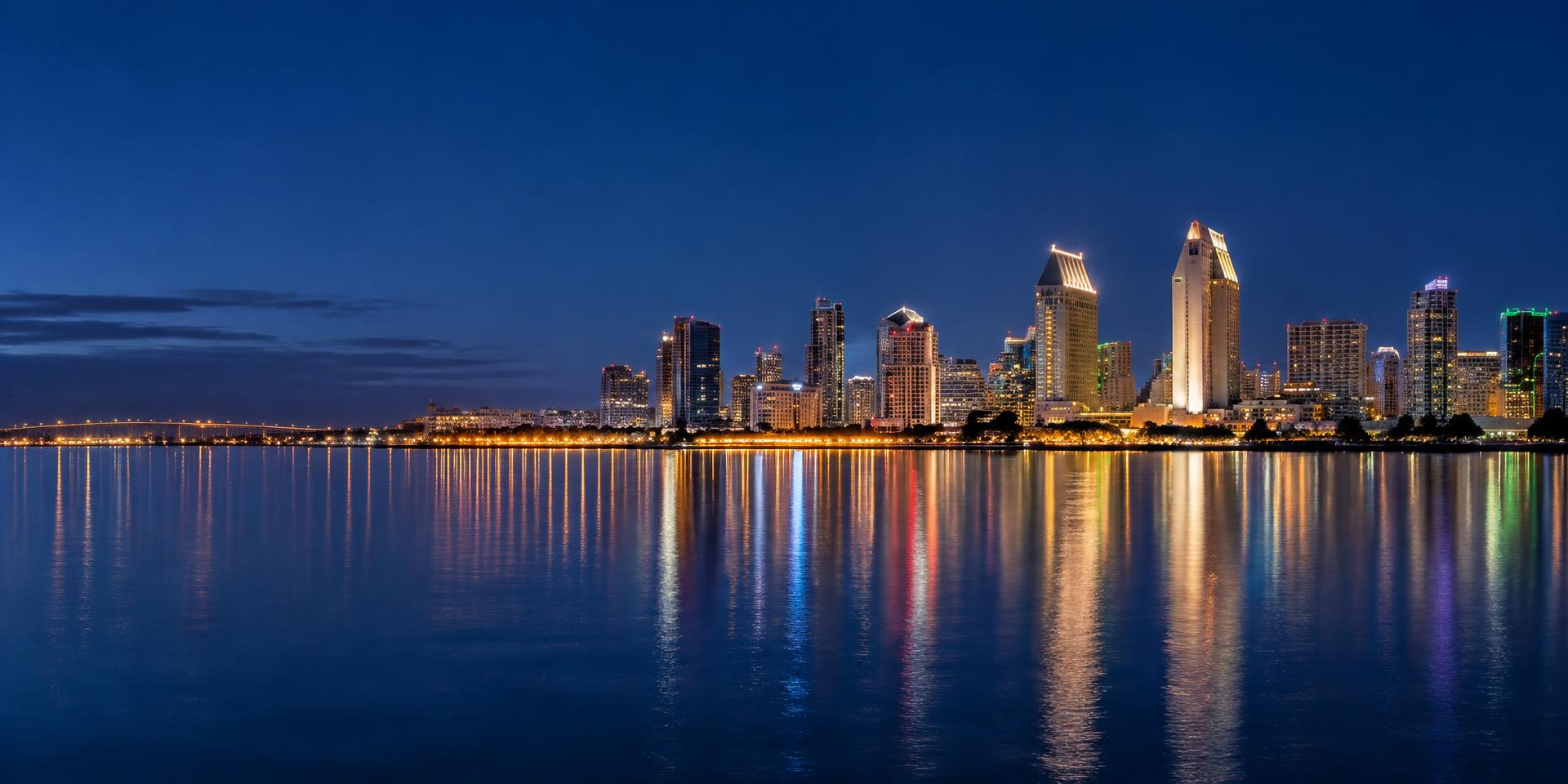 Horizonte iluminado de San Diego reflejado en la bahía al anochecer